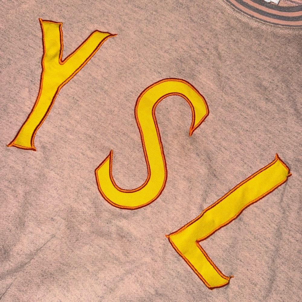 Vintage 90’s Saint Laurent YSL Logo Oversized Salmon Pink Crewneck Sweater - Picture 3 of 7